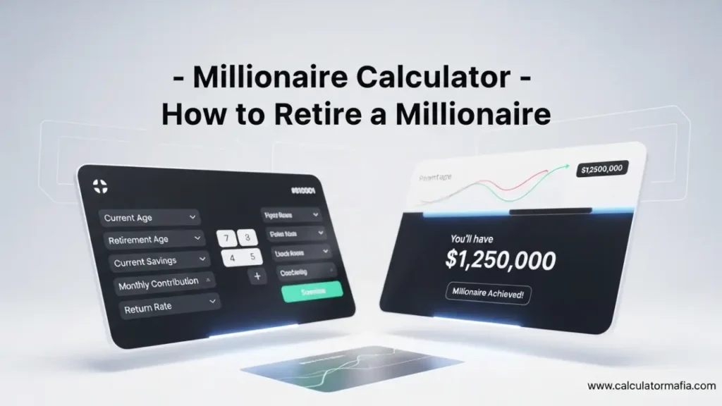 Millionaire Calculator, how to retire a millionaire, become a millionaire calculator, millionaire retirement, retirement savings millionaire, millionaire goal calculator, save a million dollars, million dollar retirement, reach $1 million, compound interest millionaire, monthly savings to become millionaire, retirement millionaire, millionaire by 65, millionaire investment calculator, how to save 1 million, millionaire in 30 years, millionaire savings plan, millionaire retirement goal, wealth calculator, millionaire projection, become millionaire with compound interest
