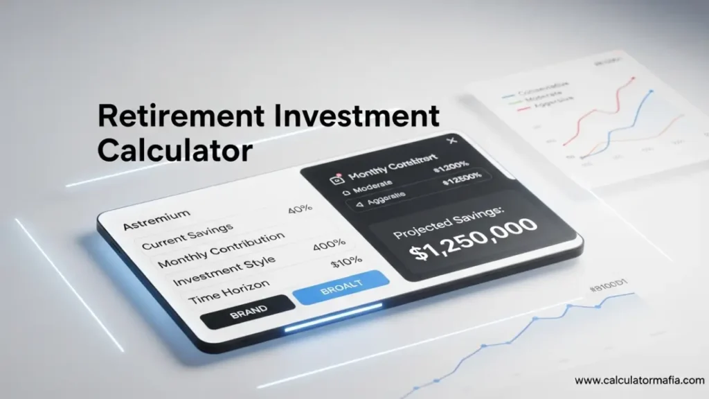 Retirement Investment Calculator, retirement growth calculator, investment projection calculator, 401k growth calculator, IRA calculator, retirement portfolio calculator, retirement investment strategy, investment returns, compound growth, asset allocation, retirement savings projection, conservative vs aggressive investing, risk tolerance, retirement planning, investment calculator, 401k projection, IRA growth, retirement account calculator, long-term investment, retirement goal calculator, investment time horizon