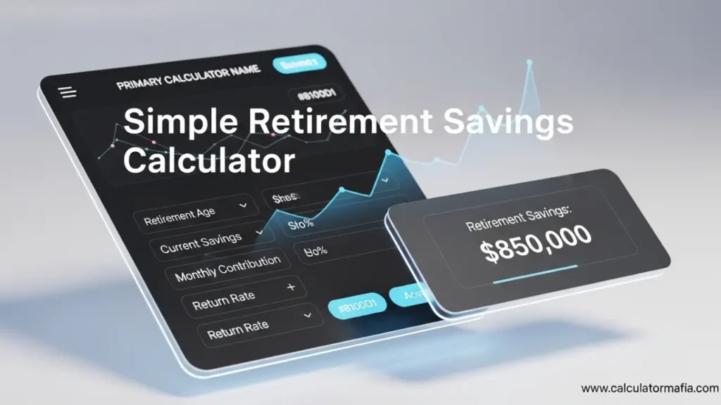 Simple Retirement Savings Calculator, easy retirement calculator, retirement savings estimator, future value calculator, retirement planning tool, simple compound interest calculator, retirement savings, how much will I have when I retire, retirement projection, compound interest retirement, monthly contribution retirement, retirement age savings, early retirement calculator, retirement savings growth, quick retirement calculator, basic retirement calculator, retirement nest egg, savings calculator for retirement, retirement planning for beginners, retirement savings formula, retirement future value